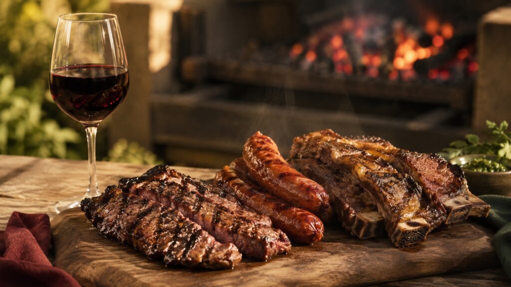 Maridaje Perfecto: El Vino Ideal para Cada Carne Argentina - Una tabla de madera rústica con distintos cortes de carne a la parrilla recién servidos —