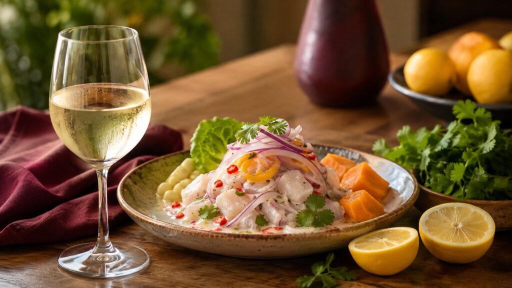 Maridaje por Contraste: Opuestos que se atraen - Copa de vino blanco helado junto a un plato de ceviche con ají amarillo, sobre una mesa de madera con