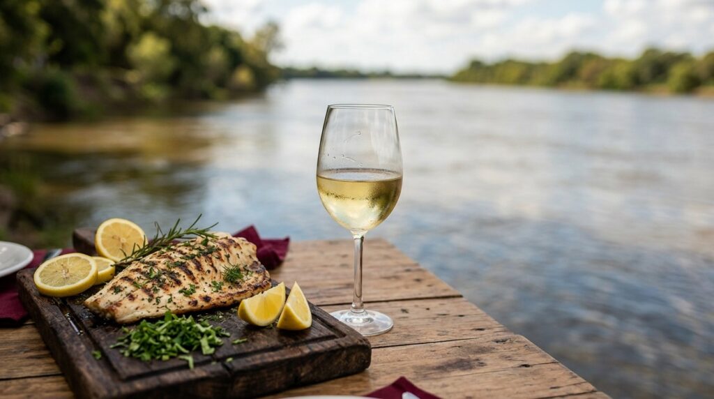 Combinaciones con estilo: los mejores maridajes entre vinos y pescados de ríos - Filete de dorado a la parrilla con marcas de brasa, servido en tabla