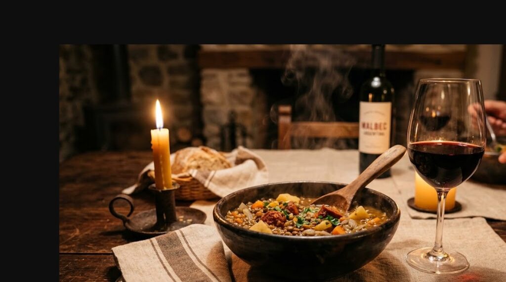 Maridajes sorprendentes: vinos y comida de temporada - Copa de vino tinto Malbec junto a un plato humeante de guiso de lentejas con cuchara de madera,