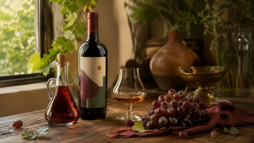 Más allá del vino: los derivados más conocidos de esta bebida - Mesa rústica con una botella de vermut artesanal, una copa de brandy, un frasco de vin