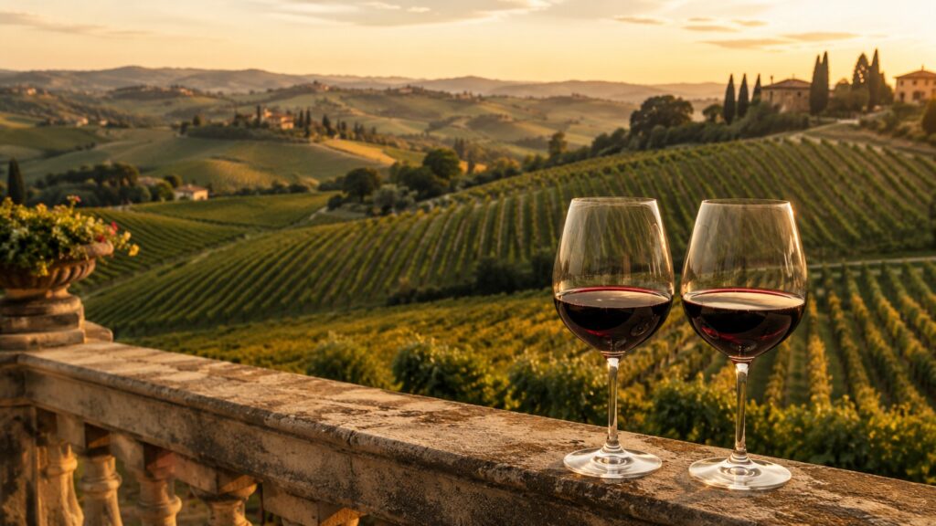 Mejores bodegas para visitar en Toscana: Visitas guiadas - Dos copas de vino tinto sobre una baranda de piedra con vista panorámica a viñedos ondulado