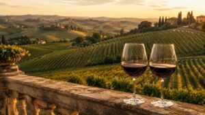 Mejores bodegas para visitar en Toscana: Visitas guiadas - Dos copas de vino tinto sobre una baranda de piedra con vista panorámica a viñedos ondulado