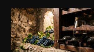 Mejores cosechas de Cabernet Sauvignon de Argentina - Tres botellas de vino tinto sin etiqueta apoyadas en una cava de madera oscura, con una copa lle