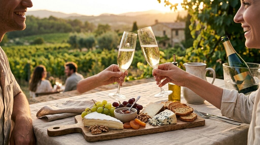 ¡Descubre los mejores platos para acompañar un vino espumoso! - Una copa de espumoso brindando junto a una tabla de quesos y frutas sobre mantel de li