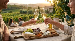 ¡Descubre los mejores platos para acompañar un vino espumoso! - Una copa de espumoso brindando junto a una tabla de quesos y frutas sobre mantel de li