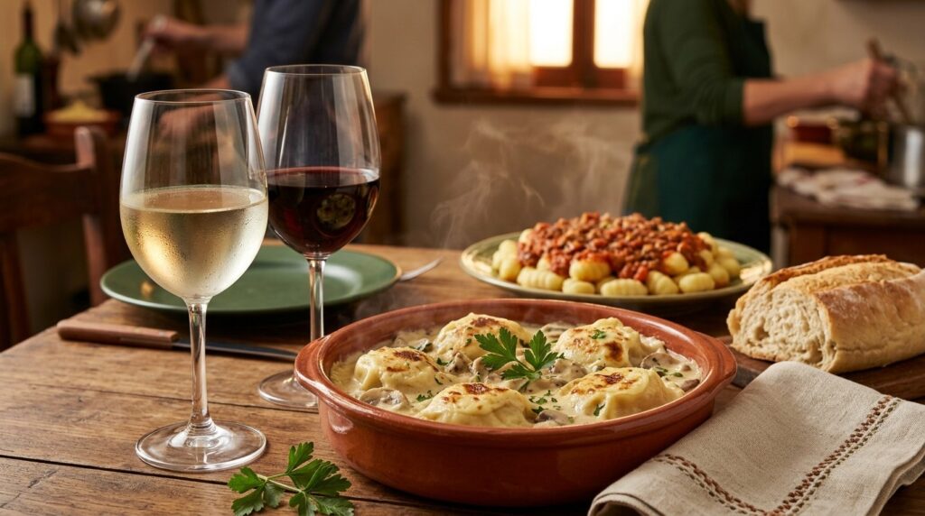 Mejores vinos para acompañar platos de pasta en Argentina - Una mesa argentina de domingo con dos copas de vino —una de Torrontés bien fría y otra de