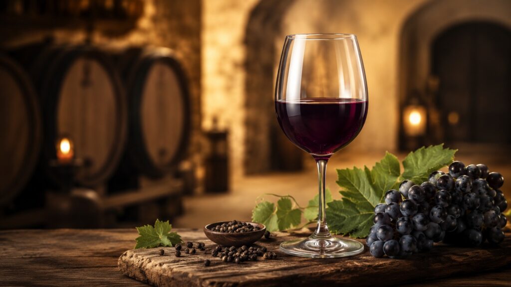 Mejores vinos Syrah del mundo - Descubre los mejores - Copa de vino tinto de color violáceo intenso sobre una tabla de madera rústica, junto a un raci
