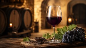 Mejores vinos Syrah del mundo - Descubre los mejores - Copa de vino tinto de color violáceo intenso sobre una tabla de madera rústica, junto a un raci