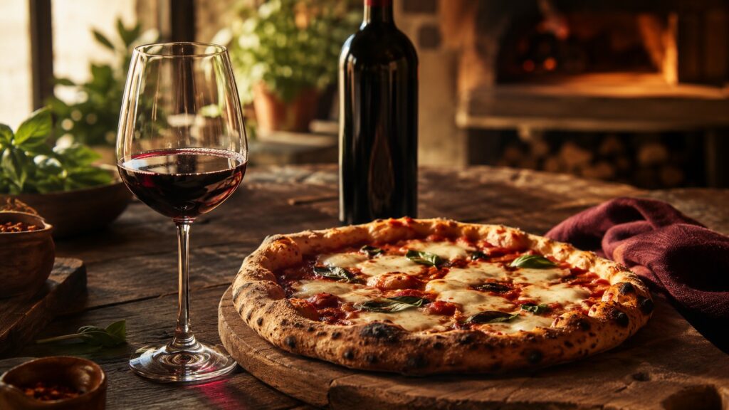 Mejores vinos tintos para maridar con pizza en Argentina - Una pizza recién salida del horno sobre una tabla de madera rústica, con una copa de vino t