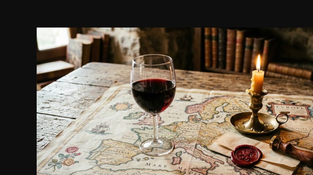 Napoleón: estratega en las batallas, poco refinado en la mesa y otras curiosidades vínicas - Una copa de vino tinto oscuro apoyada sobre un mapa antig