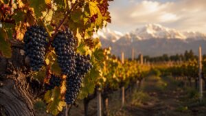 Origen y Evolución del Cabernet Sauvignon en el Mundo - Racimos compactos de uva Cabernet Sauvignon —bayas pequeñas, piel azul oscura casi negra— colg