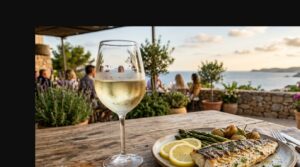 Pescados y vinos: Guía para un maridaje perfecto - Copa de vino blanco con condensación junto a un plato de merluza a la parrilla con rodajas de limón