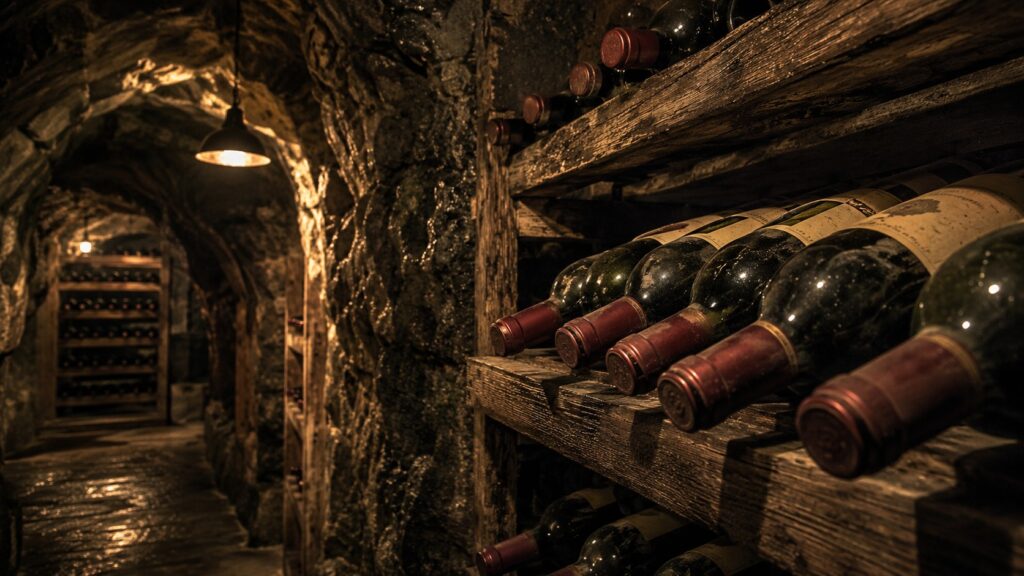 ¿Por qué los vinos se guardan en cavas subterráneas? - Hilera de botellas de vino tumbadas en estantes de madera envejecida dentro de una cueva de par
