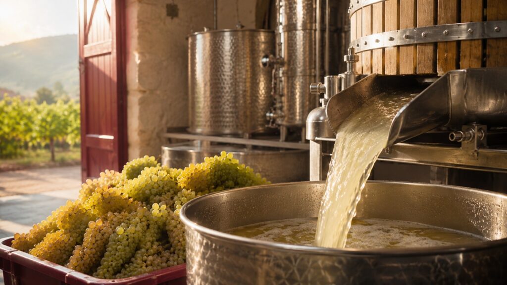 Proceso de elaboración de vino blanco: ¿Cómo se hace? - Mosto amarillo pálido fluyendo desde una prensa de membrana hacia un depósito de acero inoxida