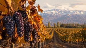 Producción de vino Merlot: Guía paso a paso para Argentina - Racimos maduros de uva Merlot azul-violácea colgando entre hojas de parra doradas de otoñ