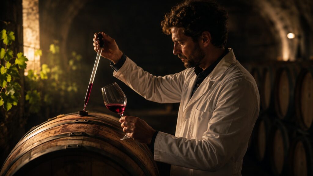 ¿Qué es el enólogo? - Todo sobre esta profesión vinícola - Enólogo con guardapolvo blanco tomando una muestra de vino tinto con pipeta de una barrica