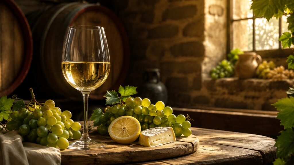 ¿Qué es el vino blanco? Descubre todo sobre este vino - Copa de cristal con vino blanco dorado traslúcido sobre una mesa de madera rústica, rodeada de
