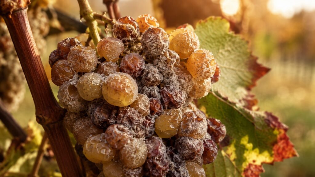¿Qué es el vino botritizado? | Descubre el sabor único - Primer plano de un racimo de uvas blancas arrugadas y cubiertas de pelusilla gris en la vid,