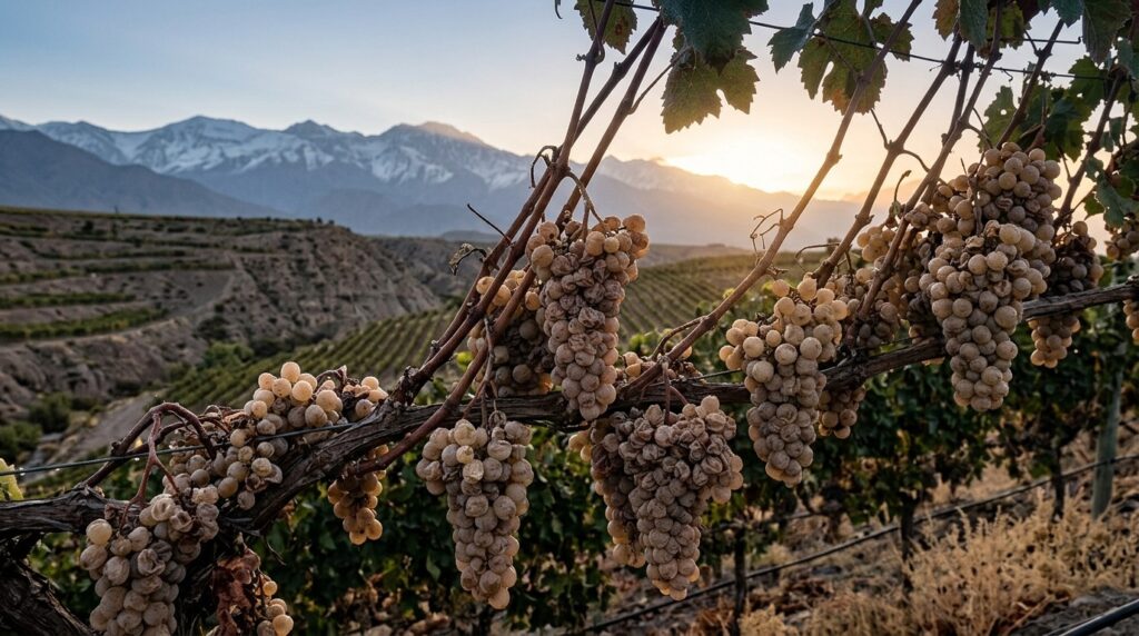 ¿Qué es el vino de cosecha tardía? Todo lo que debes saber - Racimos de uvas blancas sobremaduradas con arrugas y rocío matinal colgando de una parra