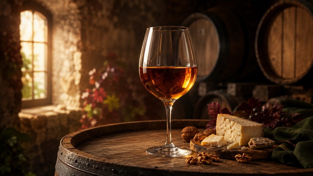 ¿Qué es el vino fortificado? - Descubre todo sobre estos vinos - Copa ancha de cristal con vino color ámbar dorado sobre una barrica de roble en penum