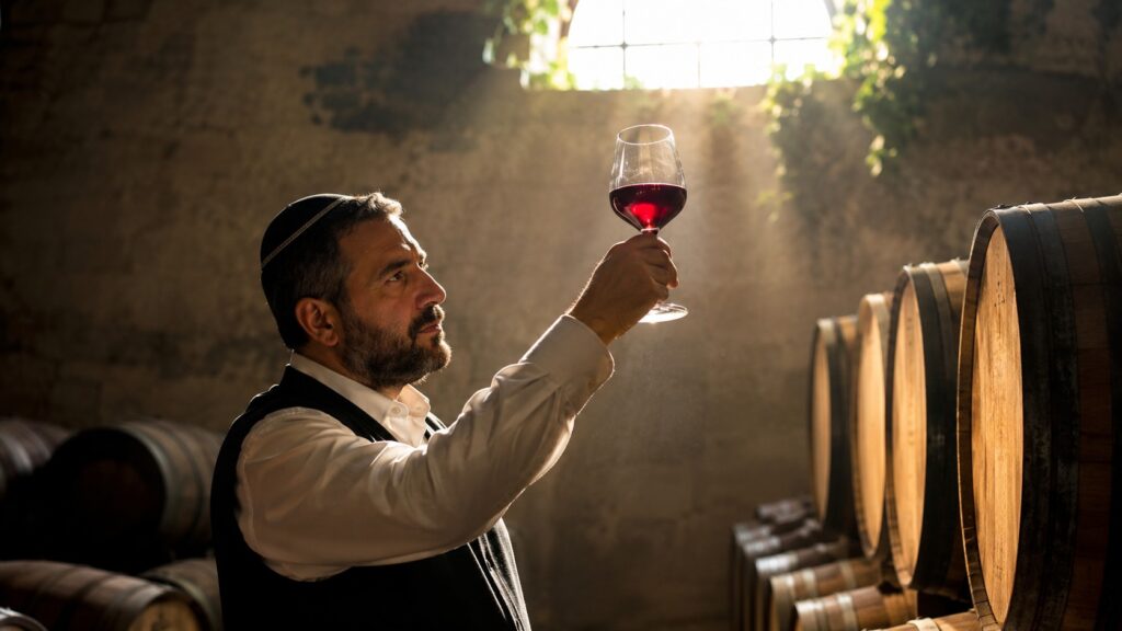 ¿Qué es el vino kosher? Descubre la definición oficial - Un hombre con kipá sosteniendo una copa de vino tinto a contraluz en una bodega con barricas