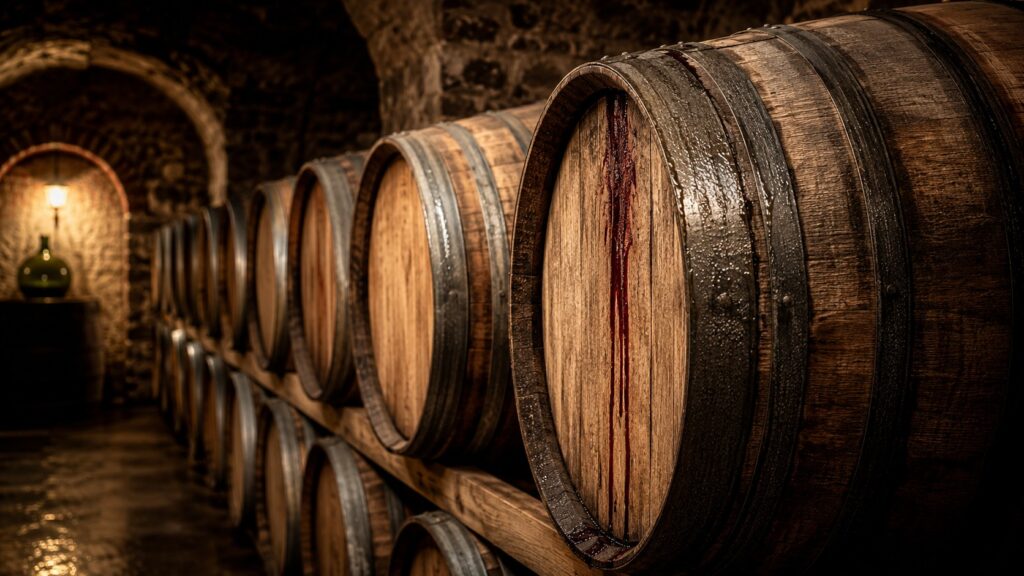 ¿Qué es la barrica y cómo afecta al vino? Explicación - Hilera de barricas de roble apiladas en una bodega subterránea, iluminadas con luz cálida late