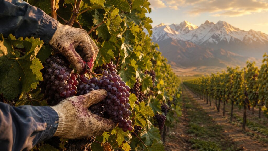 ¿Qué es la vendimia? La cosecha de uvas en Argentina - Manos con guantes cosechando racimos de uva tinta a mano entre hileras de viñedos al amanecer,