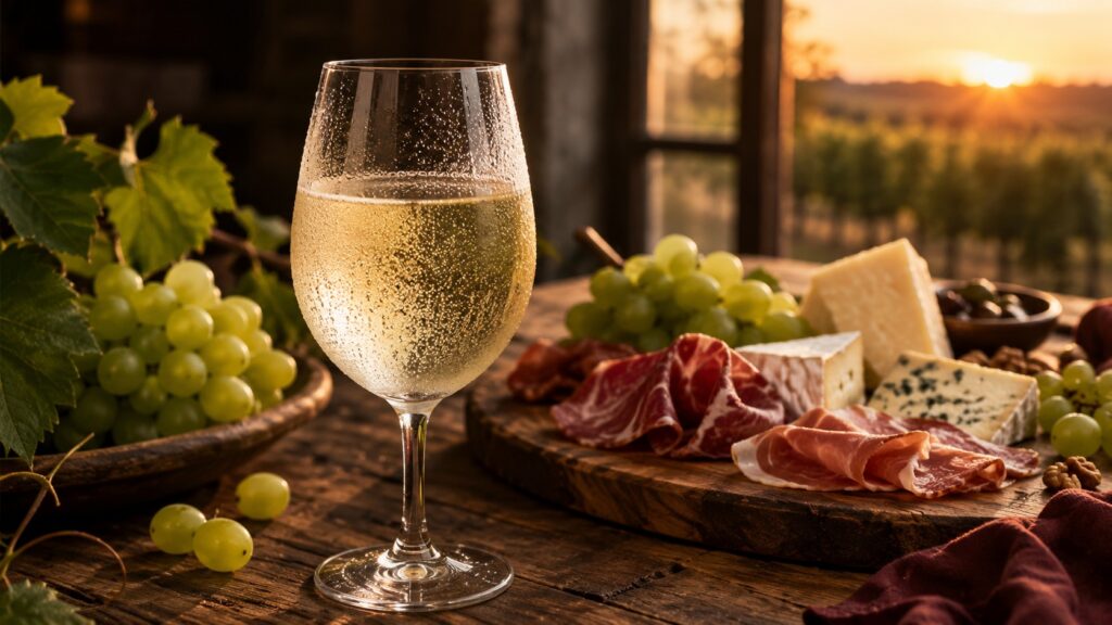 ¿Qué es un vino espumoso? Descubre la magia de las burbujas - Copa tulipa con espumoso blanco muy frío, gotas de condensación en el vidrio, sobre una