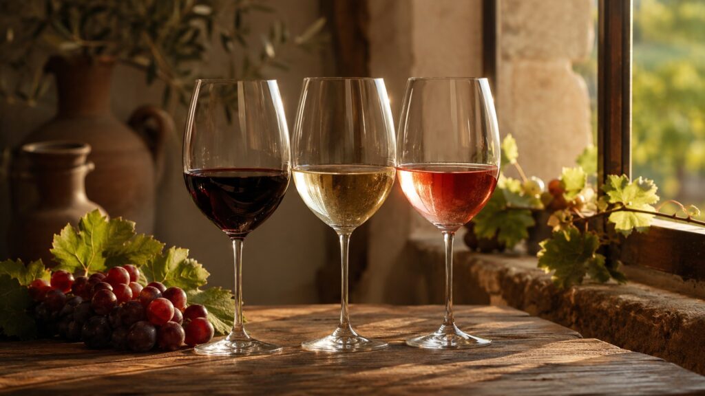 ¿Qué es un vino tranquilo? Descubre esta categoría - Tres copas de vino alineadas sobre una mesa de madera rústica —una con tinto profundo, una con bl