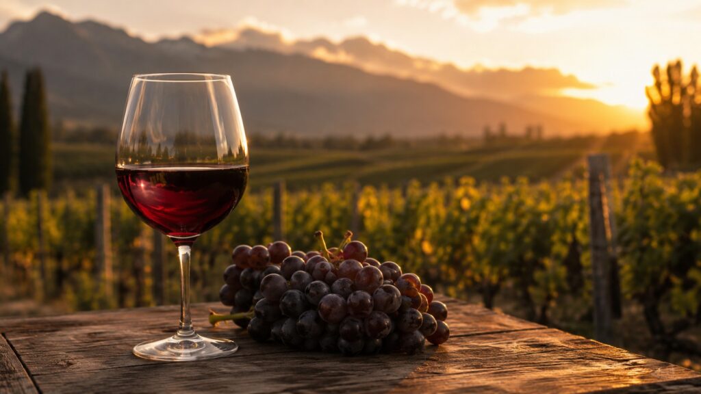 ¿Qué es un vino varietal? - Definición y ejemplos - Una copa de vino tinto iluminada por luz natural, junto a un racimo de uvas tintas sobre una mesa