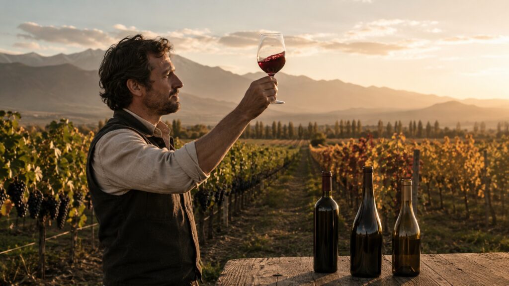 ¿Qué significa "blend" en el contexto del vino? - Un enólogo sosteniendo una copa de vino tinto a contraluz frente a viñedos de distintas cepas en ven