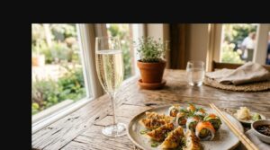 Recetas para maridar vino espumoso con comida asiática - Una copa de vino espumoso burbujeante colocada junto a un plato de gyozas y rollos de sushi s