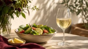 La mejor recomendación de maridaje de vino blanco con ensaladas 2 La mejor recomendación de maridaje de vino blanco con ensaladas - Copa de vino blanco con condensación sobre una mesa de madera clara, junto a un bol