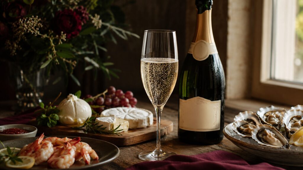 Significado de "brut" en el vino espumoso | El mejor vino - Copa flauta de espumoso brut con burbujas finas ascendiendo, servida sobre una mesa de mad