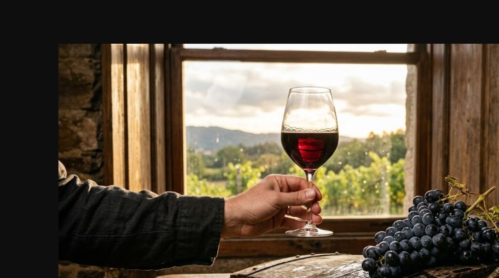 Taninos en el Vino: Qué Son y Cómo Percibirlos - Copa de cristal con vino tinto oscuro sostenida a contraluz frente a una ventana, con un racimo de uv
