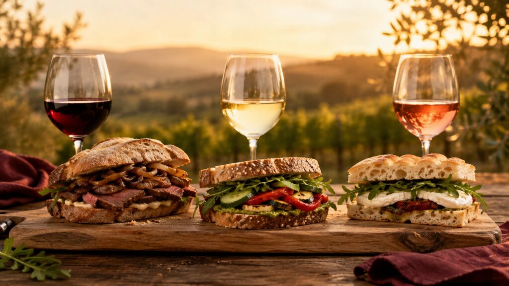 Para cada sándwich, un vino - Una tabla de madera rústica al aire libre con tres sándwiches distintos (uno de carne, uno vegetal, uno con queso y rúcu