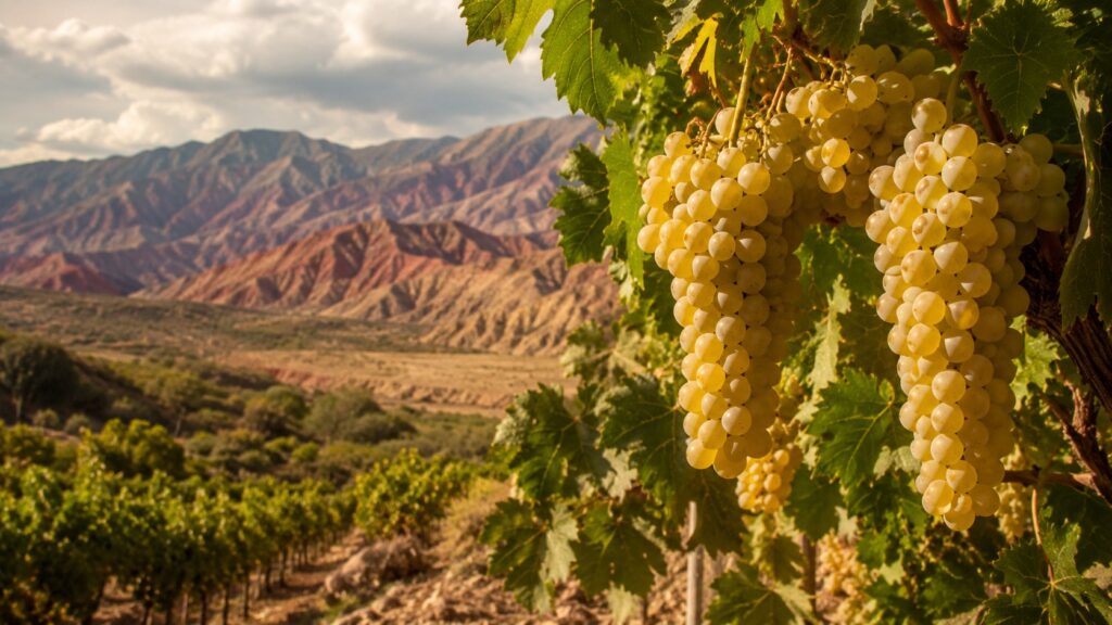Uvas utilizadas para hacer vinos blancos en Argentina - Racimos de uvas blancas Torrontés maduros colgando de la vid, iluminados por el sol de febrero