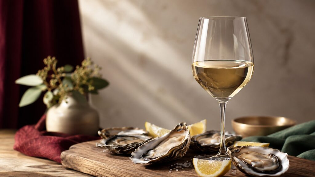 Vino Blanco Seco: Qué Es, Mejores Cepas y Con Qué Tomarlo - Copa de vino blanco seco con color dorado pálido sobre una tabla de madera rústica, rodead