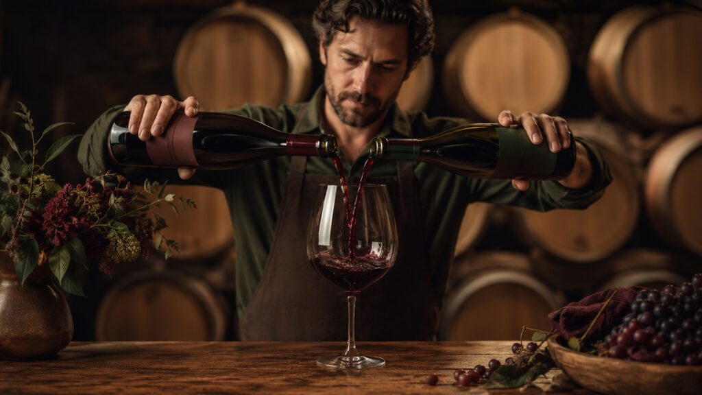 Vino blend: características y por qué deberías probarlo - Un enólogo vierte despacio vino tinto desde dos botellas distintas hacia una copa grande sob
