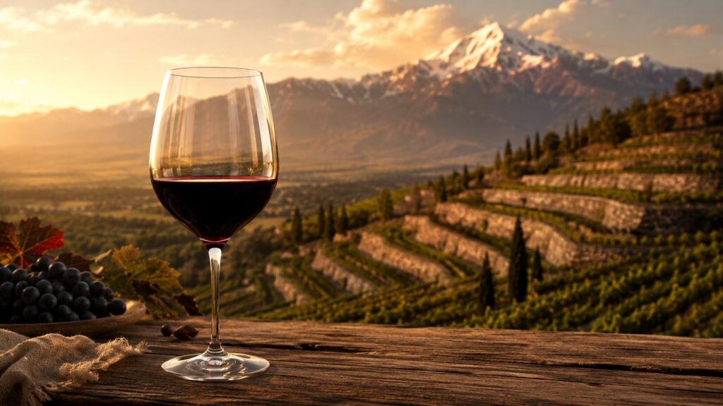 Vino Catena Zapata - Experiencia de calidad excepcional - Copa de cristal con Malbec tinto profundo sobre mesa de madera rústica, viñedos en terrazas