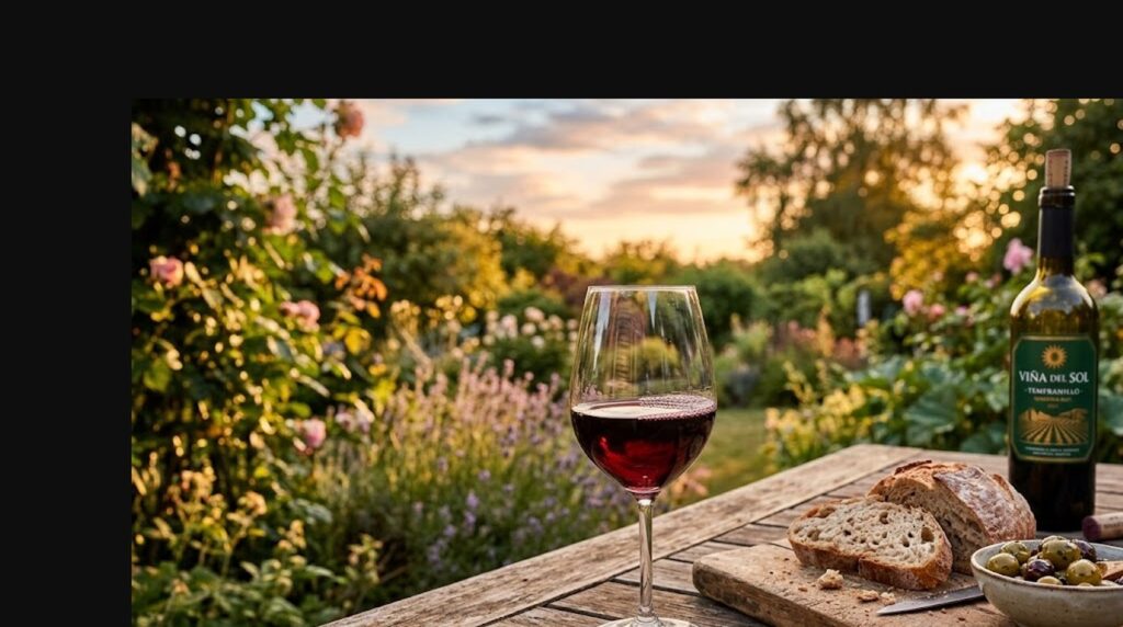 Vino Conejo Verde: Qué Es, Varietales, Precio y Maridaje - Una copa de vino tinto recién servida sobre una mesa de madera con tablones en un jardín al