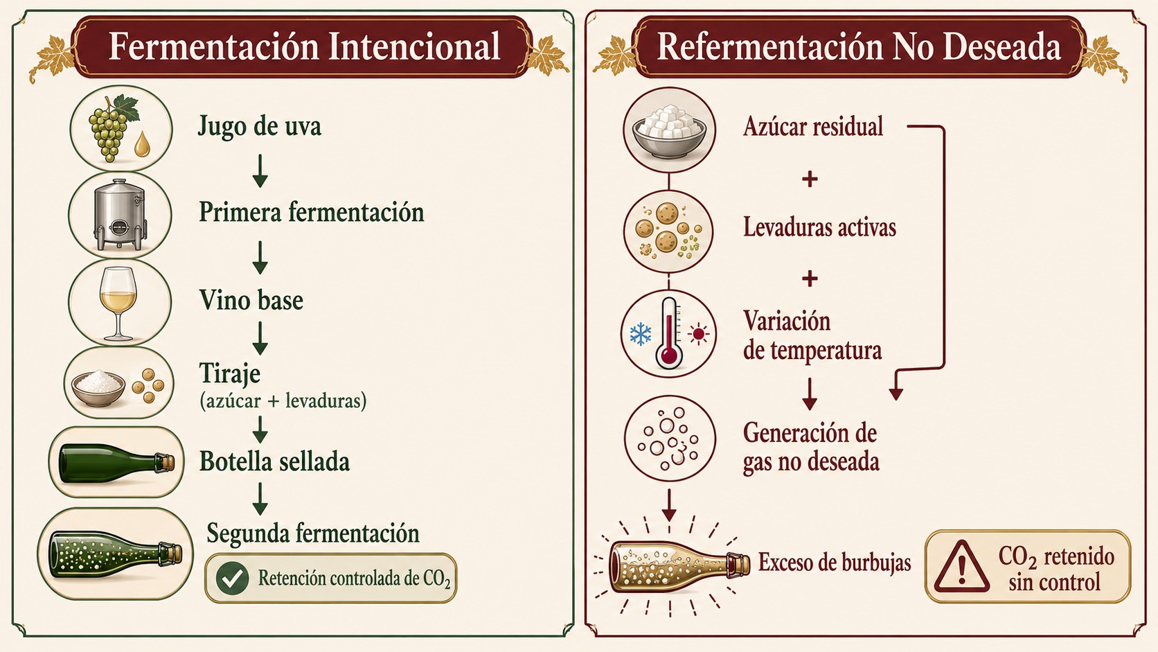Vino con burbujas inesperadas: ¿defecto o refermentación? 1 vino con efervescencia inesperada diagrama explicativo