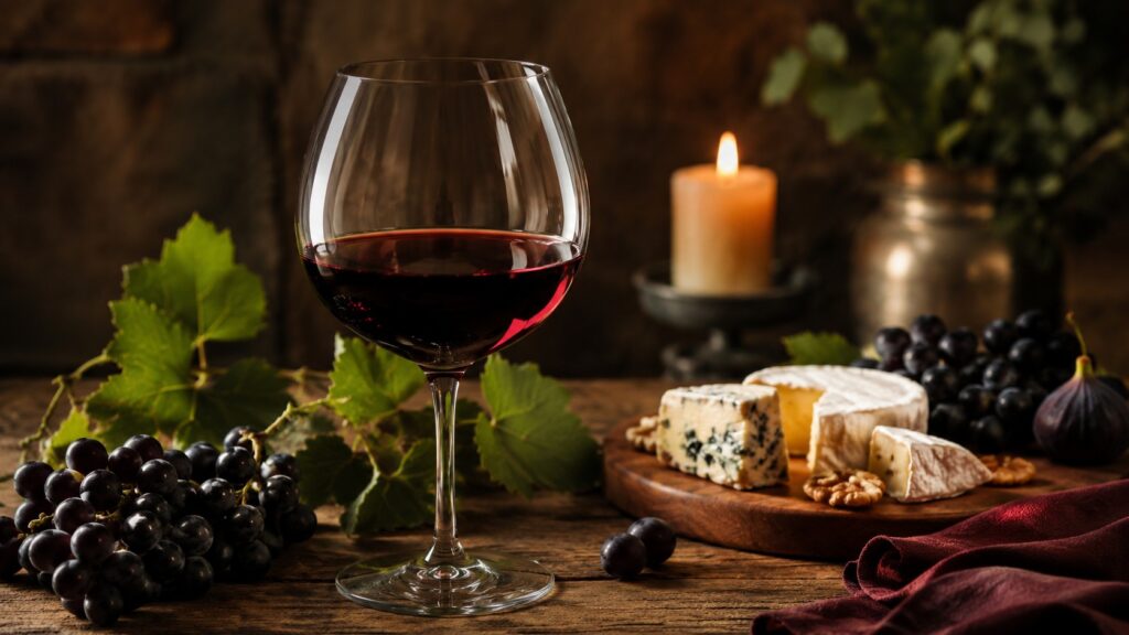 Vino Merlot - Copa ancha de vino tinto con reflejos rubí sobre una mesa de madera rústica, rodeada de un racimo de uvas negras maduras, una tabla de q