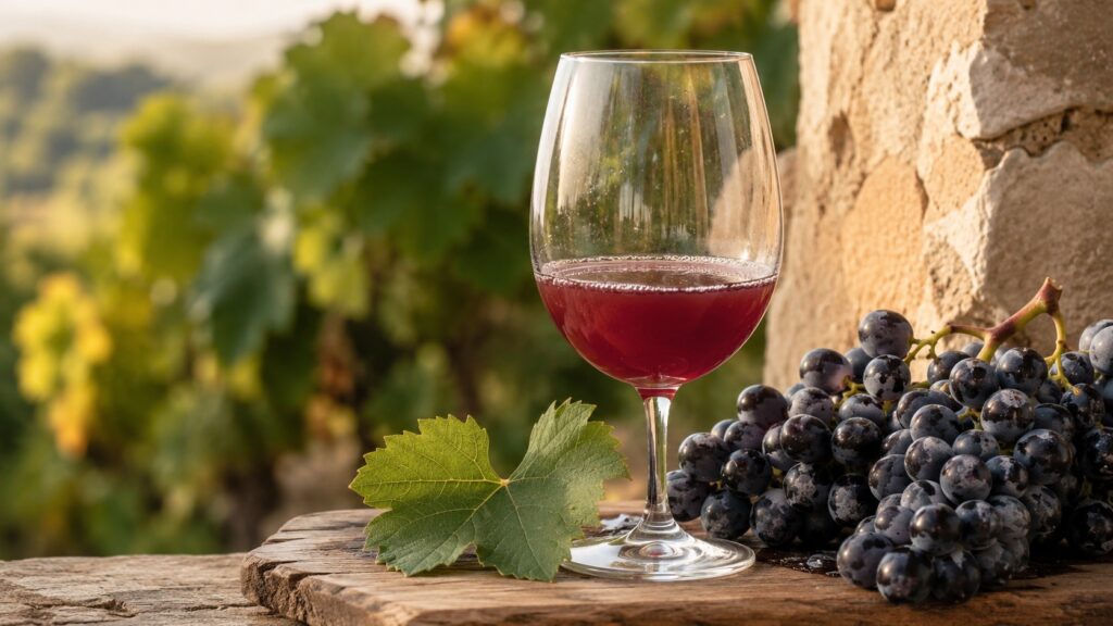Vino natural: descubre qué es y sus beneficios - Una copa de cristal con vino tinto levemente turbio y sin filtrar, apoyada sobre una tabla de madera