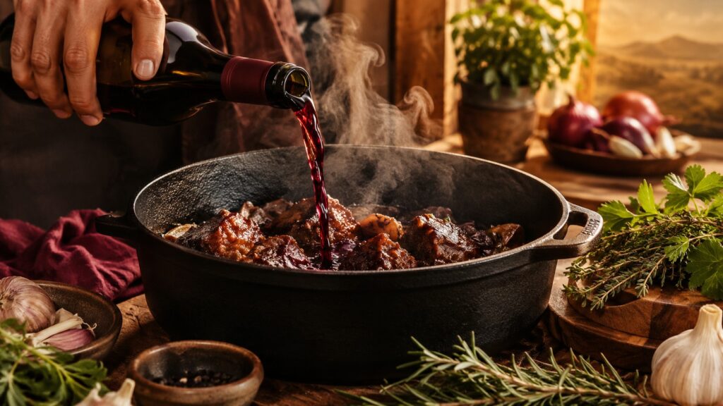 Cómo cocinar con vino: Guía para amantes de la gastronomía - Una mano vertiendo vino tinto desde una botella de vidrio oscuro sobre una cacerola de hi