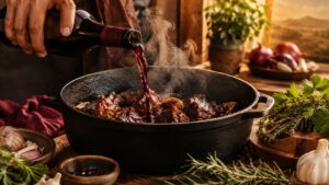 Cómo cocinar con vino: Guía para amantes de la gastronomía - Una mano vertiendo vino tinto desde una botella de vidrio oscuro sobre una cacerola de hi