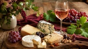 Vino rosado y quesos: combinación ideal para disfrutar - Tabla de quesos variados con un copa de vino rosado y uvas sobre una tabla de madera rústica,