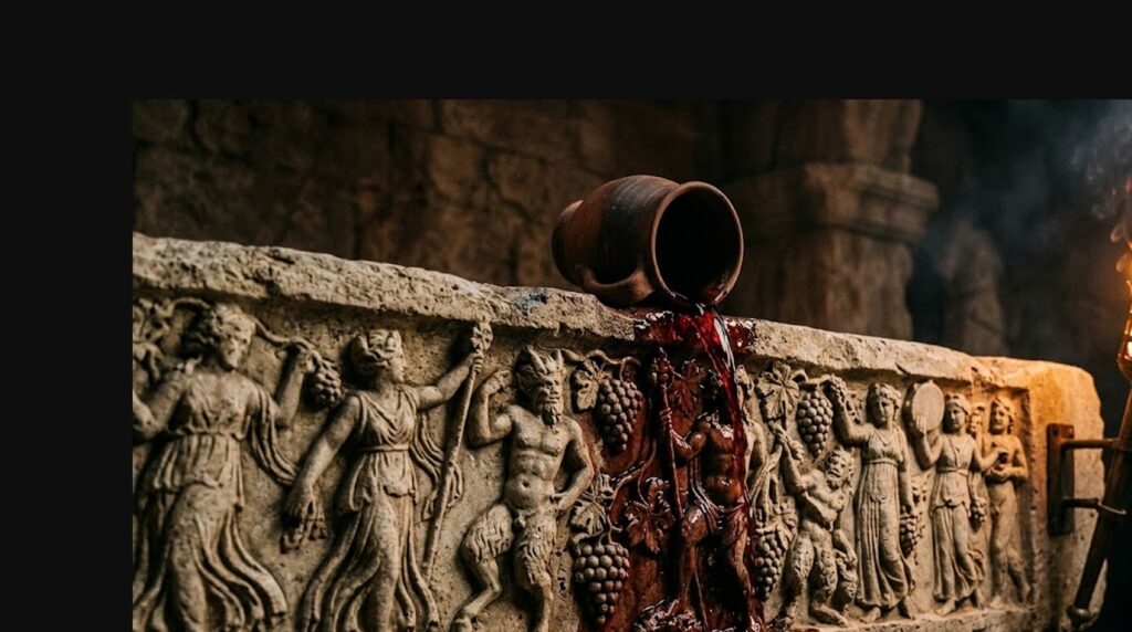 Vino y Mitología - Copa de terracota con vino tinto derramado sobre un friso de piedra con relieves de figuras dionisíacas y racimos de uvas, iluminad