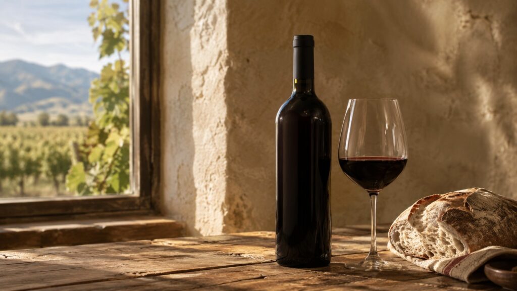 Vinos de Mesa: Descubre el Significado y Tipos de Estos Vinos - Una botella de vino tinto sin etiqueta apoyada sobre una mesa de madera rústica, junto